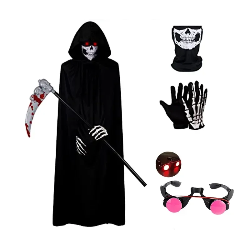 Halloween Devil Dripping Blood Mask Scary Costume Grim Reaper Costume for Boys Kids Costume with Glowing Red Eyes with Gloves G4