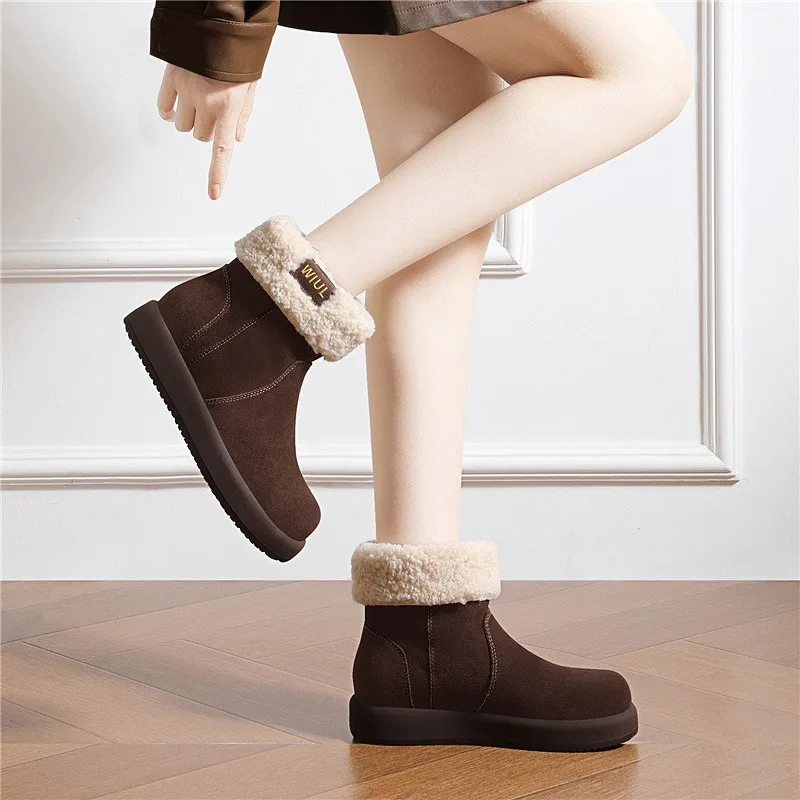 

Women's Red Brown Mid Calf Snow Boots Round Toe Fabric Upper Fleece Lined Warm Slip-On Chunky Platform Non-Slip Winter Shoes