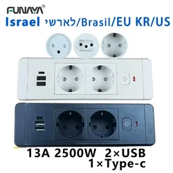 Table Embedded Hidden Power Socket EU KR Israel Brazil with 2 USB Type-c 13A Switch Desktop Power Furniture Electrical Sockets