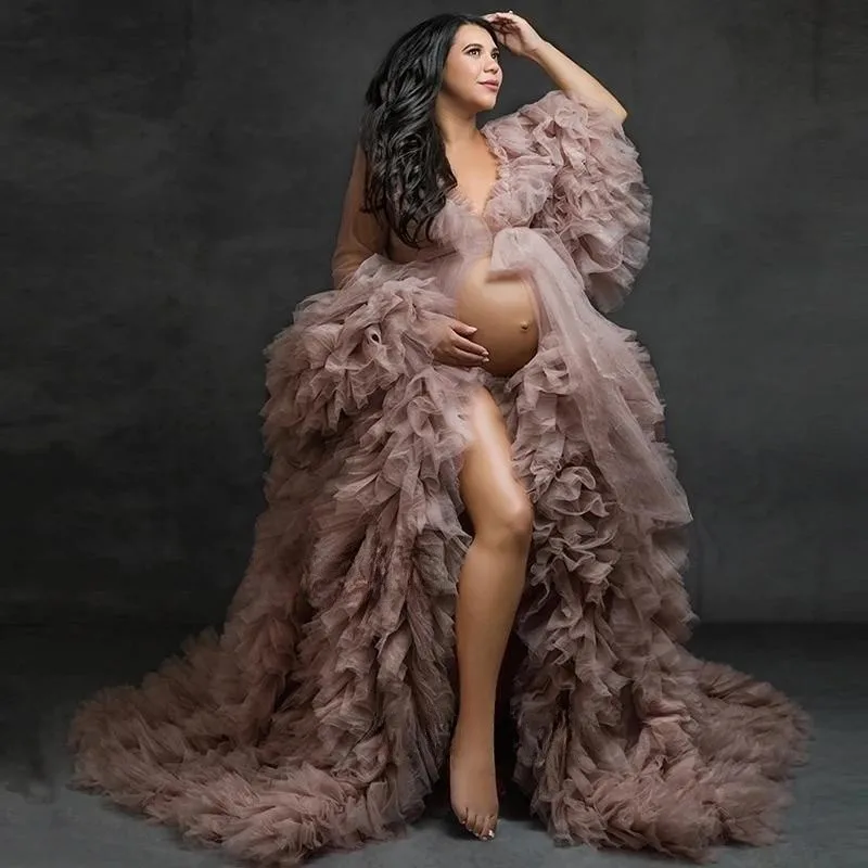 

Long Sleeves Puffy Pregnant Women Photo Shoot Robes Ruffles Tulle Maternity Robe Women Dress Baby Shower Gowns Photography