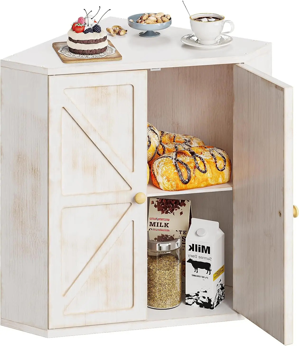 Double Layer Bamboo Corner Bread Box, Large Capacity Kitchen Storage Organizer for Fresh Bread