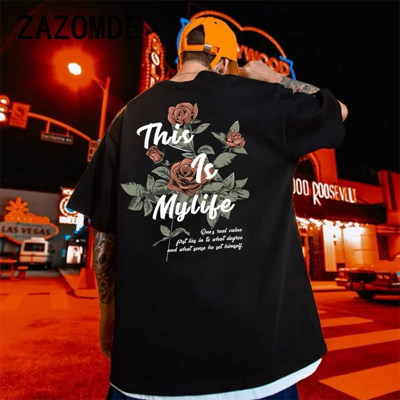 ZAZOMDE Cotton Cool Oversized T Gothic High Street Hip Hop T-shirt Men Summer Hip Hop Loose Rose Print Tshirt Streetwear Men Tee