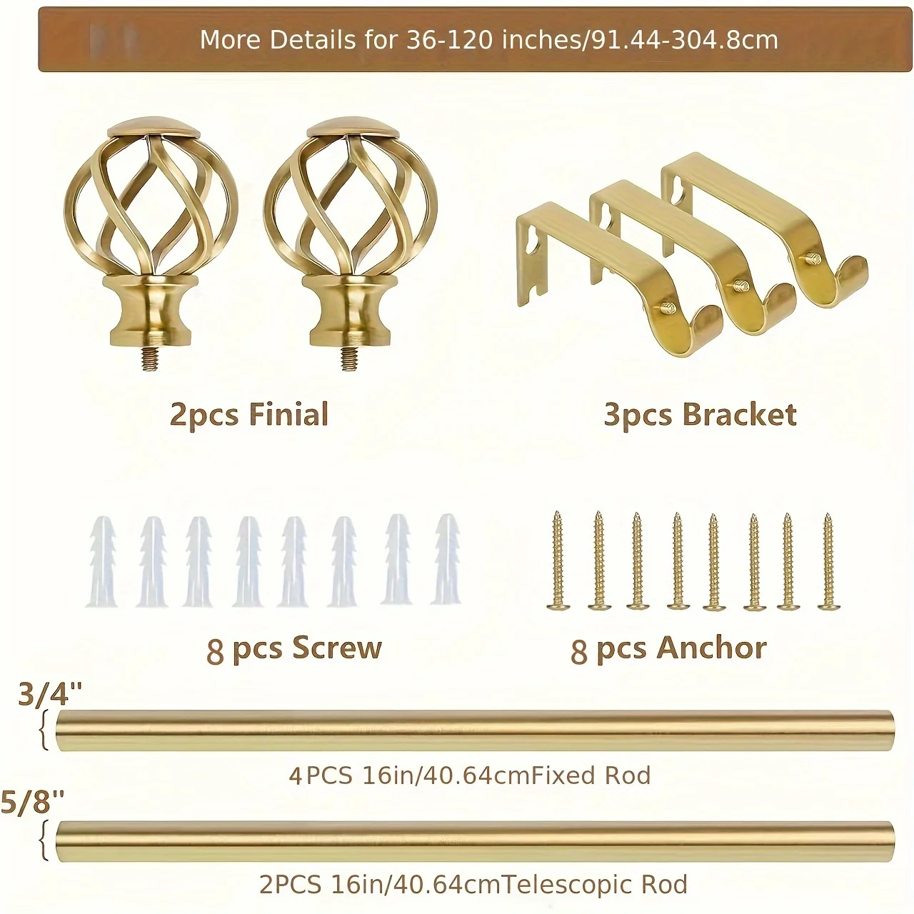 1PC Gold Curtain Rod with Twisted Cage Finials, 3/4