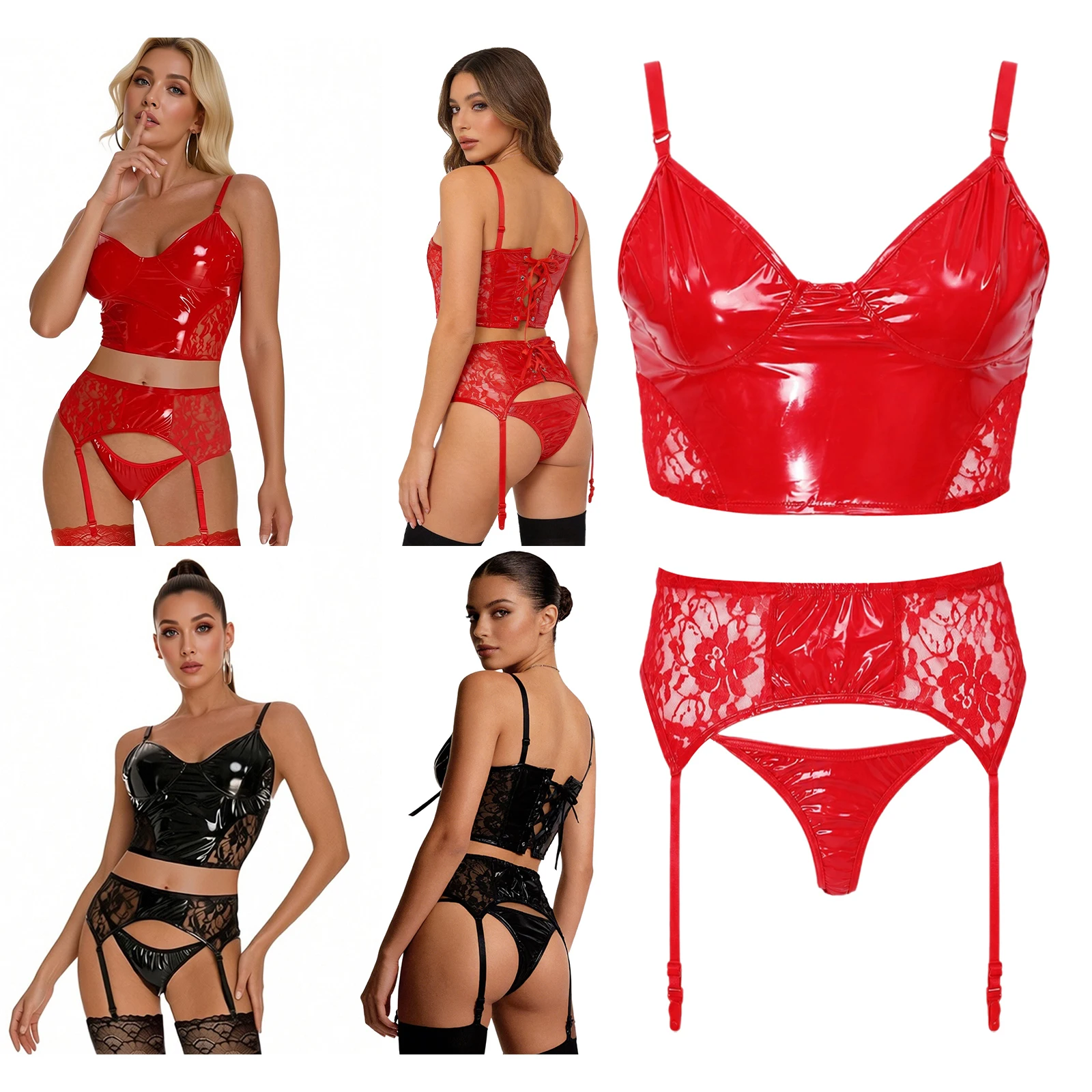 Damen-Bikini-Set aus PU-Leder mit Spitze und Patchwork-Design, bestehend aus einem kurzen Oberteil und einem passenden Höschen mit Strumpfband, ideal für Bühnenauftritte und Partys, zweiteiliges Badeoutfit. – Detail 2