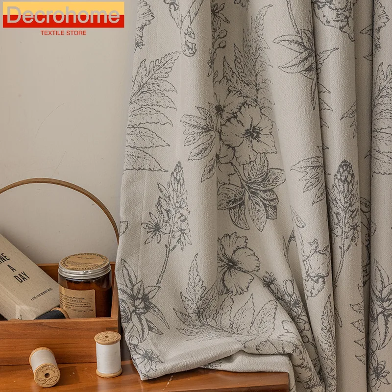 

American Pastoral Printing Cotton Linen Thickened Chenille Milk Tea Curtains for Living Room Bedroom French Window Customized