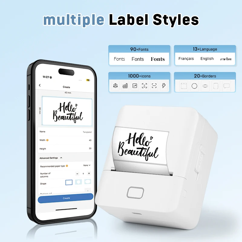 KAYSION-impresora de etiquetas inalámbrica, máquina de etiquetas térmicas Bluetooth sin tinta, máquina adhesiva de etiquetas, patrón DIY, código de barras, código QR