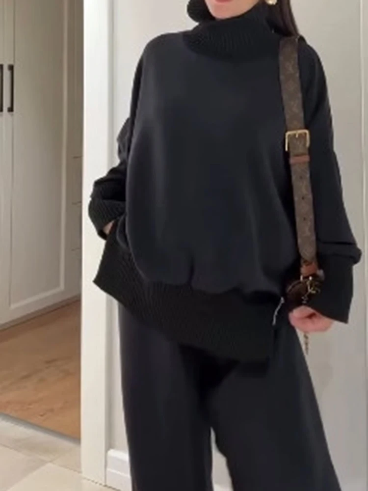 

Сплошной цвет, свободный свитер с высоким воротником, топы и брюки, комплекты, элегантный пуловер с боковой молнией, комплект из 2 предметов, модная простая женская спортивная одежда