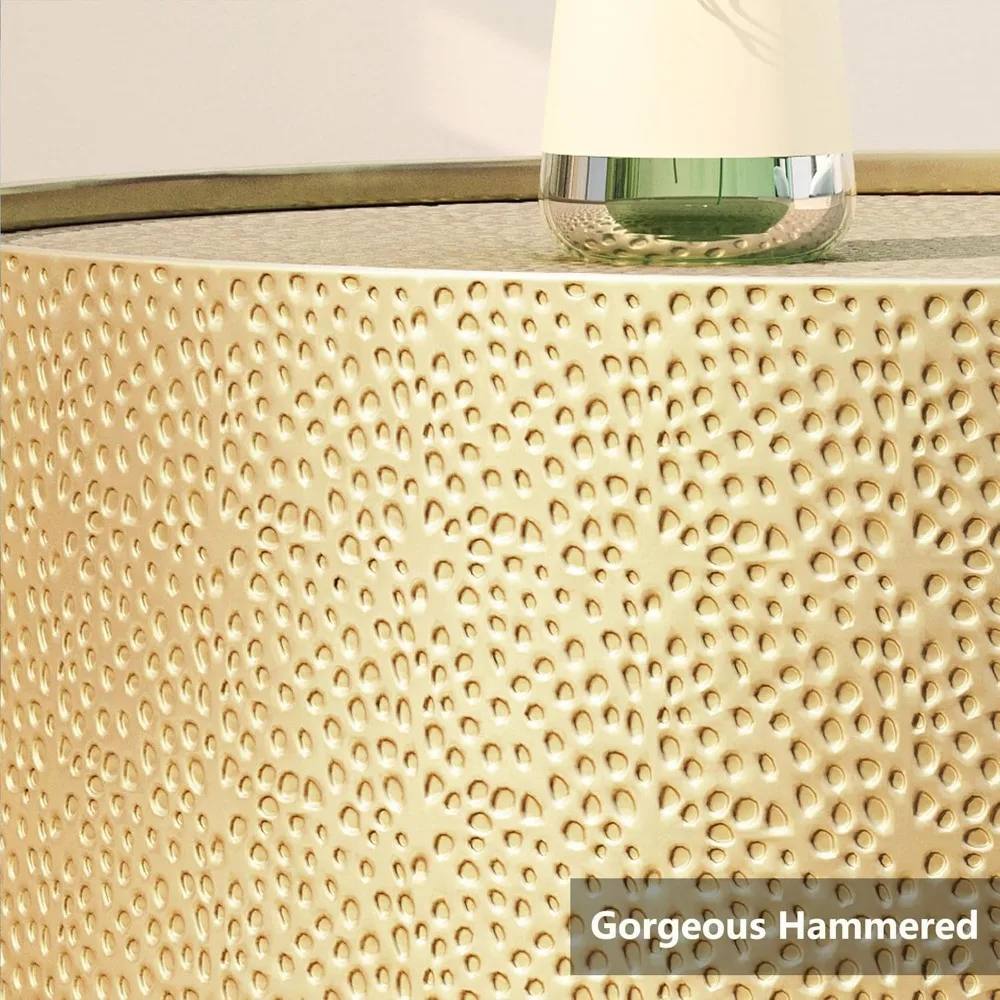 Zestaw 3 złotych stolików kawowych z efektem młotkowania, retro metalowe stoliki akcentujące do salonu, rozmiary 26 i 16, gotowe do użycia