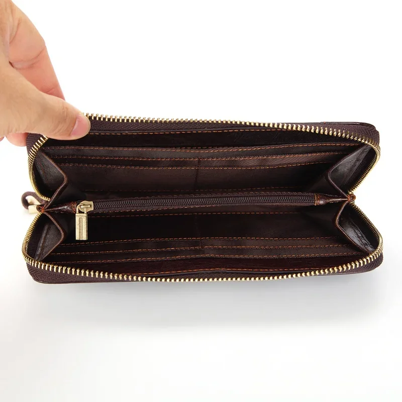 Men's Long Handbag Business Vintage Cow Leather Man Wallet  Brand Long Wallet For Man And Woman Oil Wax Zipper Bag Male Purse