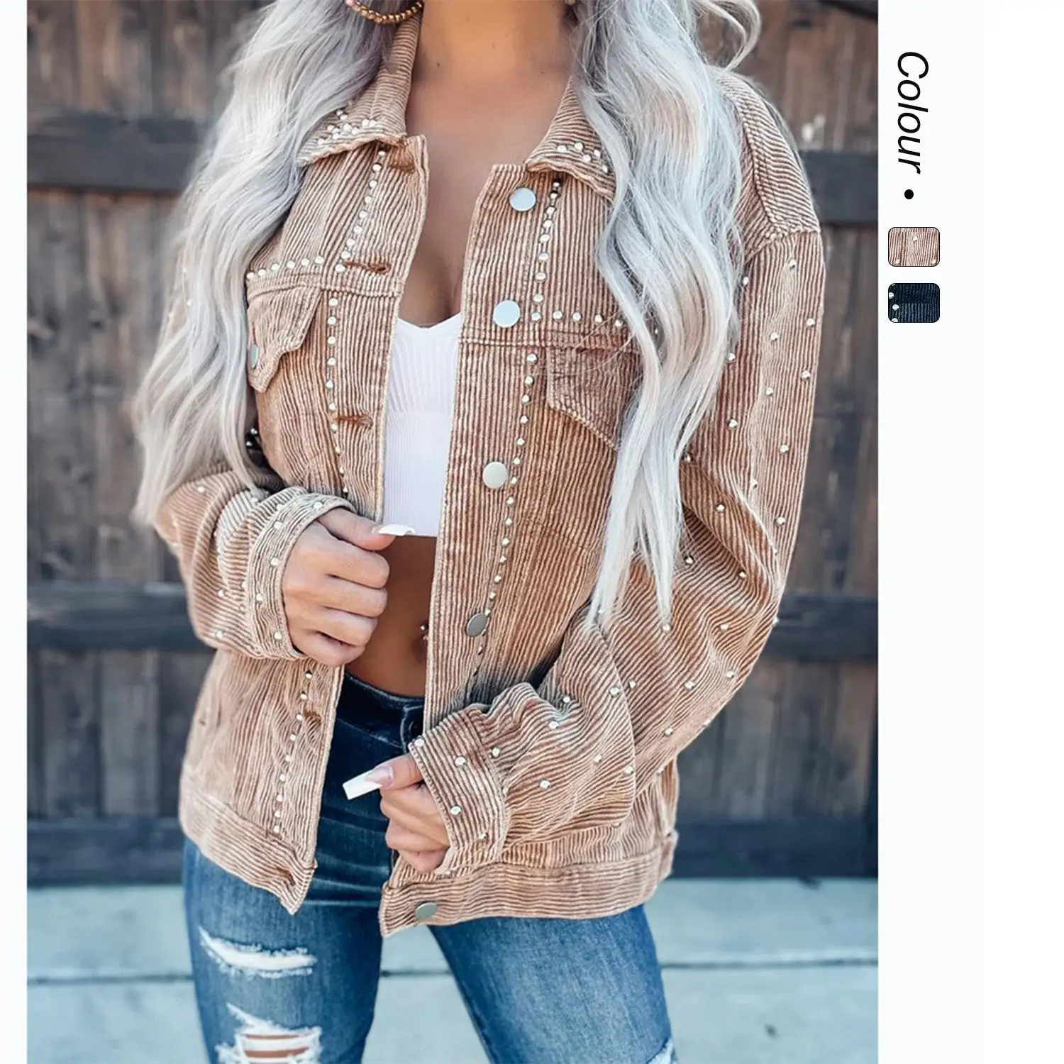 

Новая осенне-зимняя европейская и американская хипстерская короткая вельветовая короткая куртка с заклепками для тяжелой промышленности 273