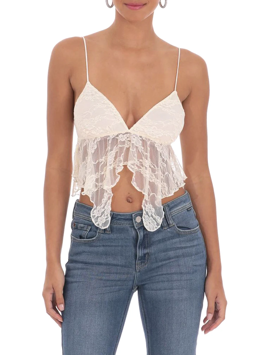 Women Lace Camisole Adjustable Shoulder Strap Sleeveless Tops V-neck Backless See-through Irregular Summer Tops