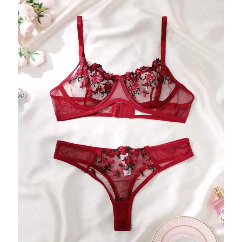 Tornova Mesh Stickerei Blume Durchsichtige Sexy Interessante Unterwäsche Panty Plunge Exposed Nabel Schlank Sexy Spitze Unterwäsche Set