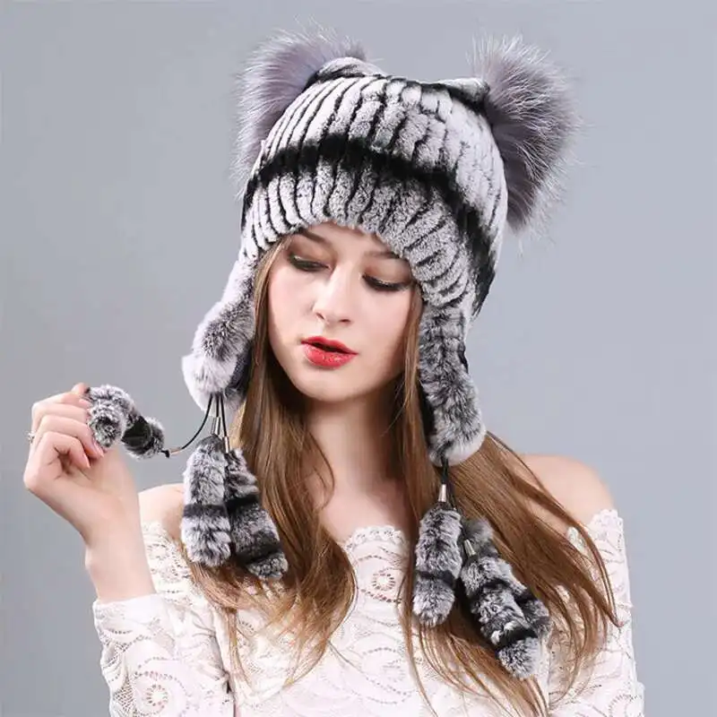 

Real Rex Rabbit Fur Hat For Women Thickened Ear Protection Cat's Ears Tassel Hat Winter Fashion Elastic Knitted Real Fur Caps