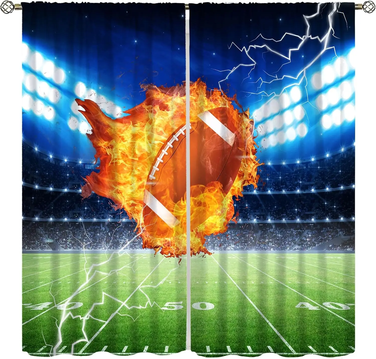 Sports Boys Curtains, Cartoon Football Baseball Rugby Flame Hand Drawn Window Drapes for Kids Nursery and Bedroom Decor