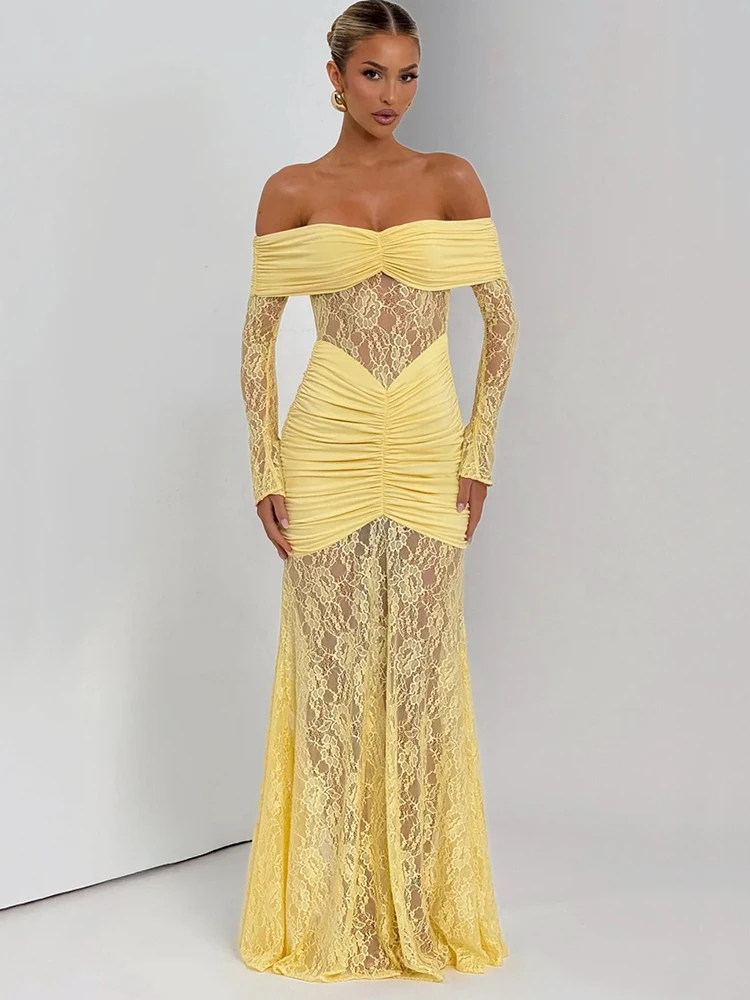 

Oniflyme Off Shoulder Long Sleeve Ruched Maxi Dress Women Sexy Lace Patchwork Slash Neck Backless Bodycon Dresses Elegant Robes
