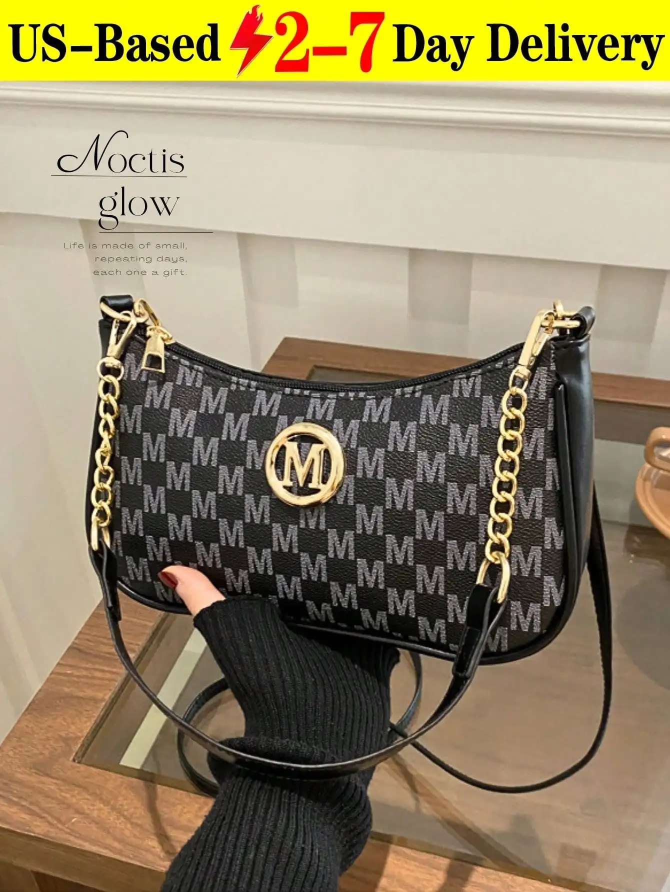 2026 New Fashion Classic PU Waterproof M Letter Print Design Metal Chain Decor Shoulder Crossbody Bag Suitable For Shopping Daily Carry Students Young Women And Office Ladies Perfect For Office University Work Business Commuting Outdoor Activities Travel