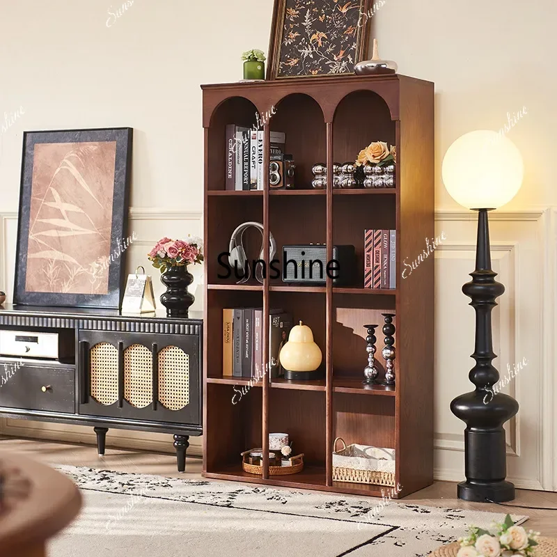 French retro floor-to-ceiling bookshelf antique living room solid wood bookcase against the wall arched design figure display ca