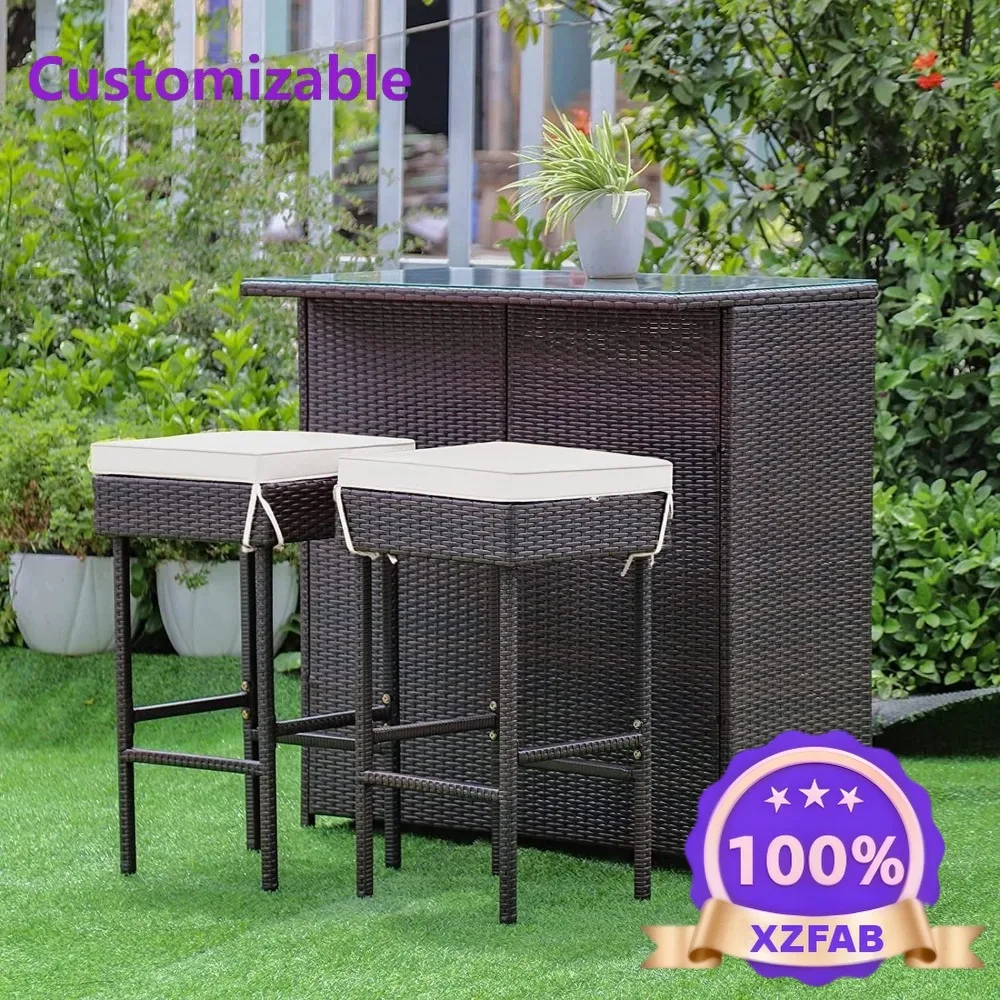 Factory Direct 2026 3-Piece Patio Bar Set Rattan Wicker Bar Stools Table with Cushions Glass Top