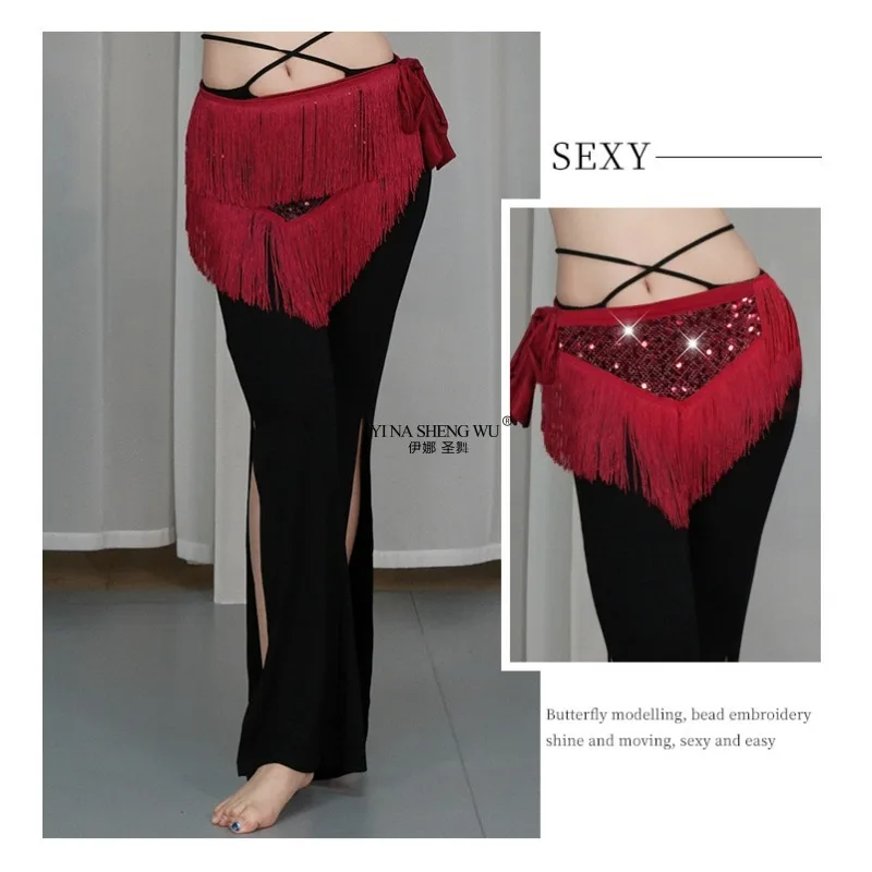 여성용 벨리댄스 힙 스카프 롱 프린지 불규칙한 망사 시미 벨트 반짝이 스팽글 타이 랩 오리엔탈 댄스 공연용
