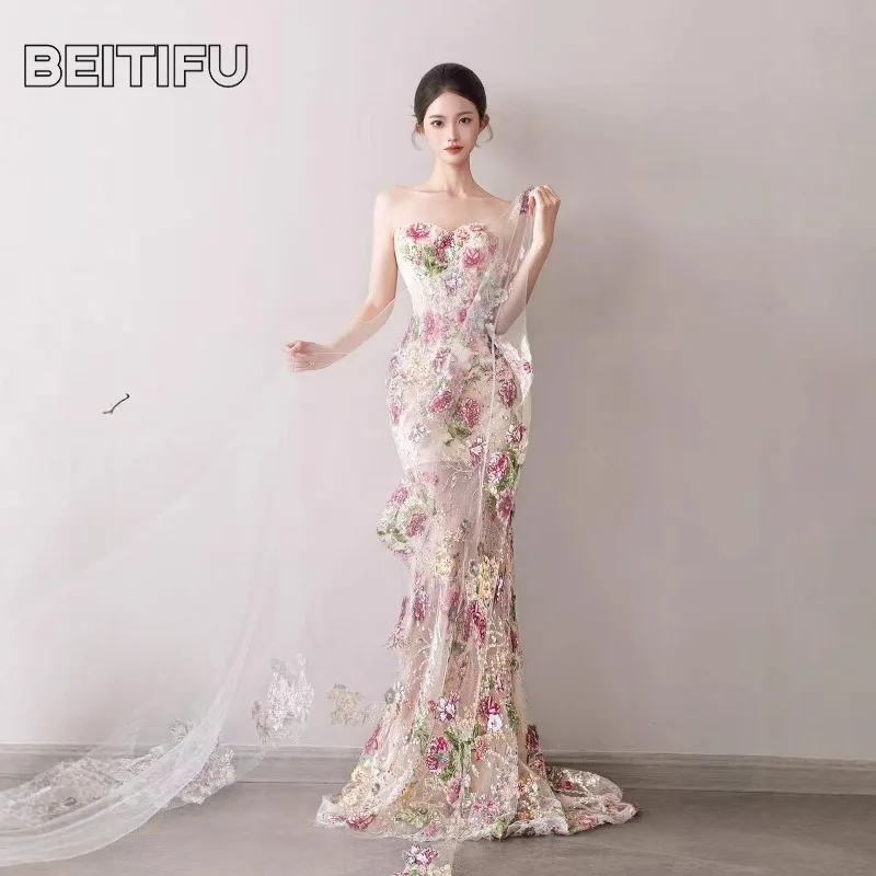 BeitifuBaby Fashion French Fish Tail Light Wedding Dress Heavy Industry Pearl Embroidery Lace Evening Party Dress for Women
