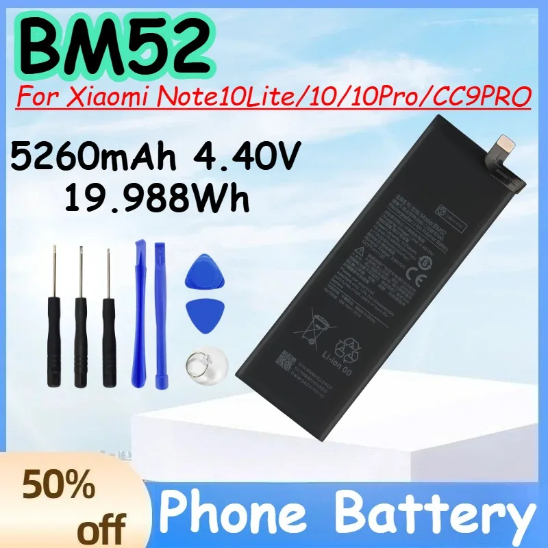 

BM52 5260mAh 4.40V 19.988Wh Battery for Xiaomi Note10Lite/10/10Pro/CC9PRO Replace Mobile Phone Battery+Free Tools