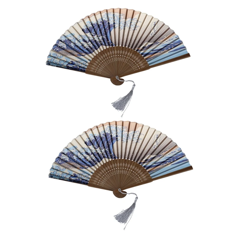 2X Japanese Handheld Folding Fan, With Traditional Japanese Ukiyo-E Art Prints