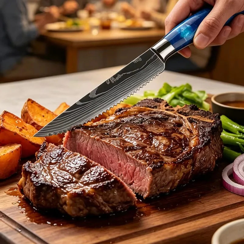 Super Sharp Stainless Steel Laser Damascus Pattern Steak Knife Set Beef Cleaver Multipurpose Restaurant Cutlery Table Knife view 3
