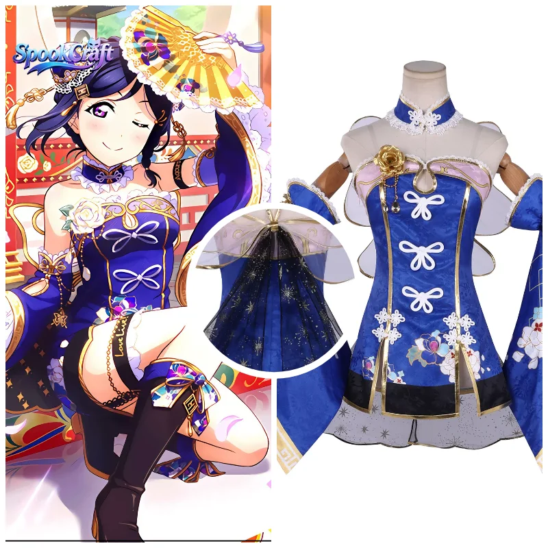 Costume de cosplay LoveLive Aqours Matsuura Kanan, Cheongsam bleu, tenue d'anime pour femmes, en stock