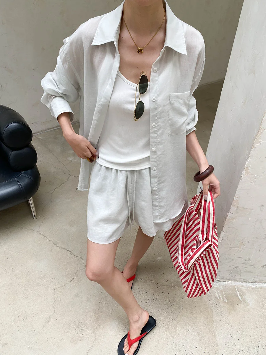 Sommer Damen Casual Einfarbiges Sonnenschutz-Kragen-Langarmshirt mit Kordelzug-Shorts, Lockeres Set – Detail 11
