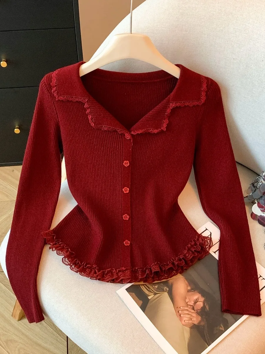 Maglione lavorato a maglia con finiture in pizzo color vino rosso Capispalla invernale da donna Sli Bellissimo piccolo top da pendolarismo Sle Slim Fit