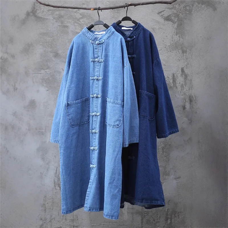 

Literary and Retro Chinese Buckle Zen Clothes Long Loose Denim Trench Coat Chinese Zen Robe