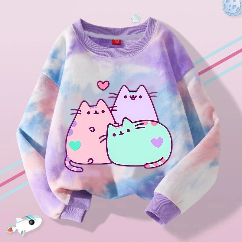 Pusheens Girls Kawaii Hoodies Kids Spring Autumn Sweatshirt Anime Cat Pullover Fashion Tops Long Sleeves Children Clothes Gift