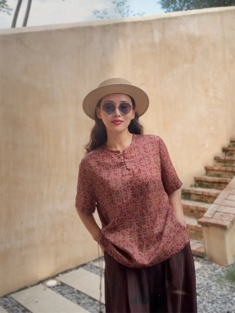 

Silk Xiangyun a Embroidered Top Women's Casual Loose Versatile Retro Chinese Sle ort Sve round Ne Pullover Fanyoo