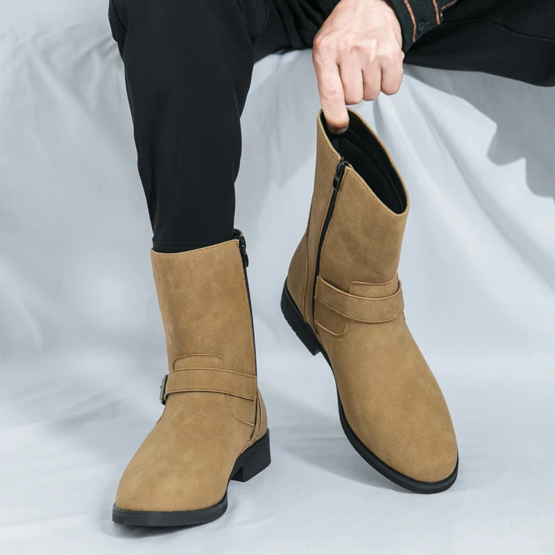 

Autumn and Winter High Top Boots with Suede Leather Side Zipper Fashionable Retro Trend Buckle Decoration Round Toe Casual Boots