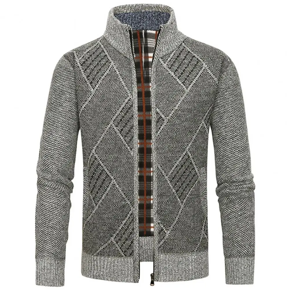 Men Cardigan Sweater Men Sweater Jacket Stylish Men's Geometric Print Cardigan Sweater Thick Knitted Stand for Fall/winter