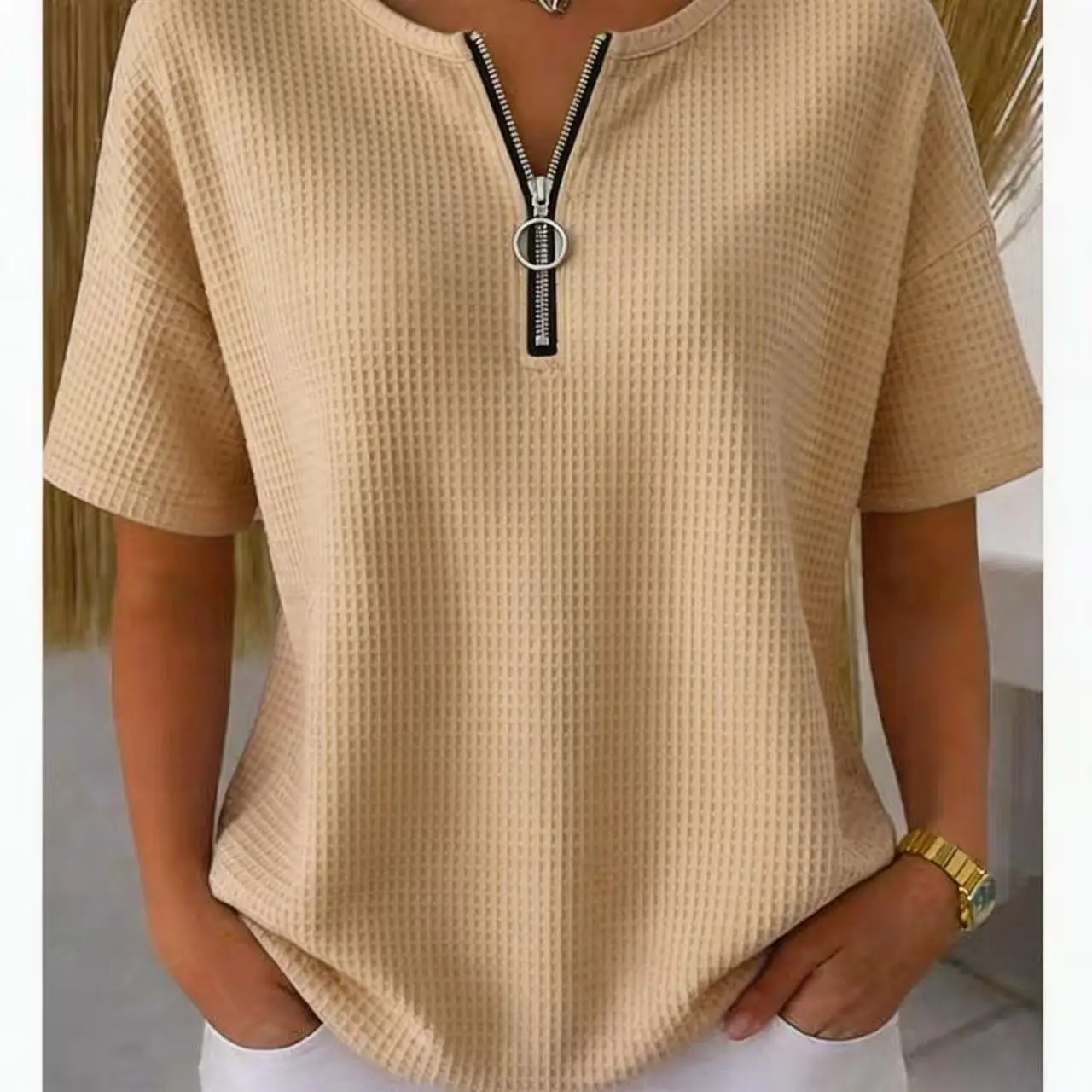 2026 Neuer Stil Frühling/Sommer Damen Gefüttertes T-Shirt mit Waffelkragen, kurzen Ärmeln und Reißverschluss – Detail 7