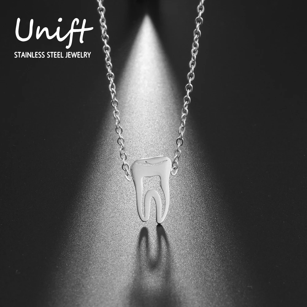 Unift Stainless Steel Pendant Tooth Necklace For Women Gold Plated Courage Wisdom Teeth Necklace Jewelry Medical Dentist Gift