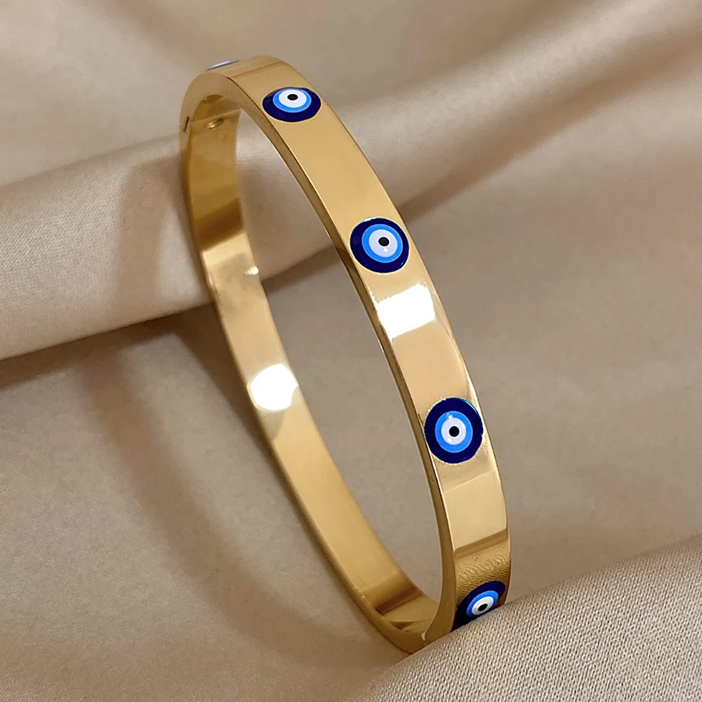 DODOHAO Boho Blue Enmale Evil Eye Stainless Steel Bangles Bracelets for Women Charm Simple Lucky Gold Plated Thin Chain Jewelry