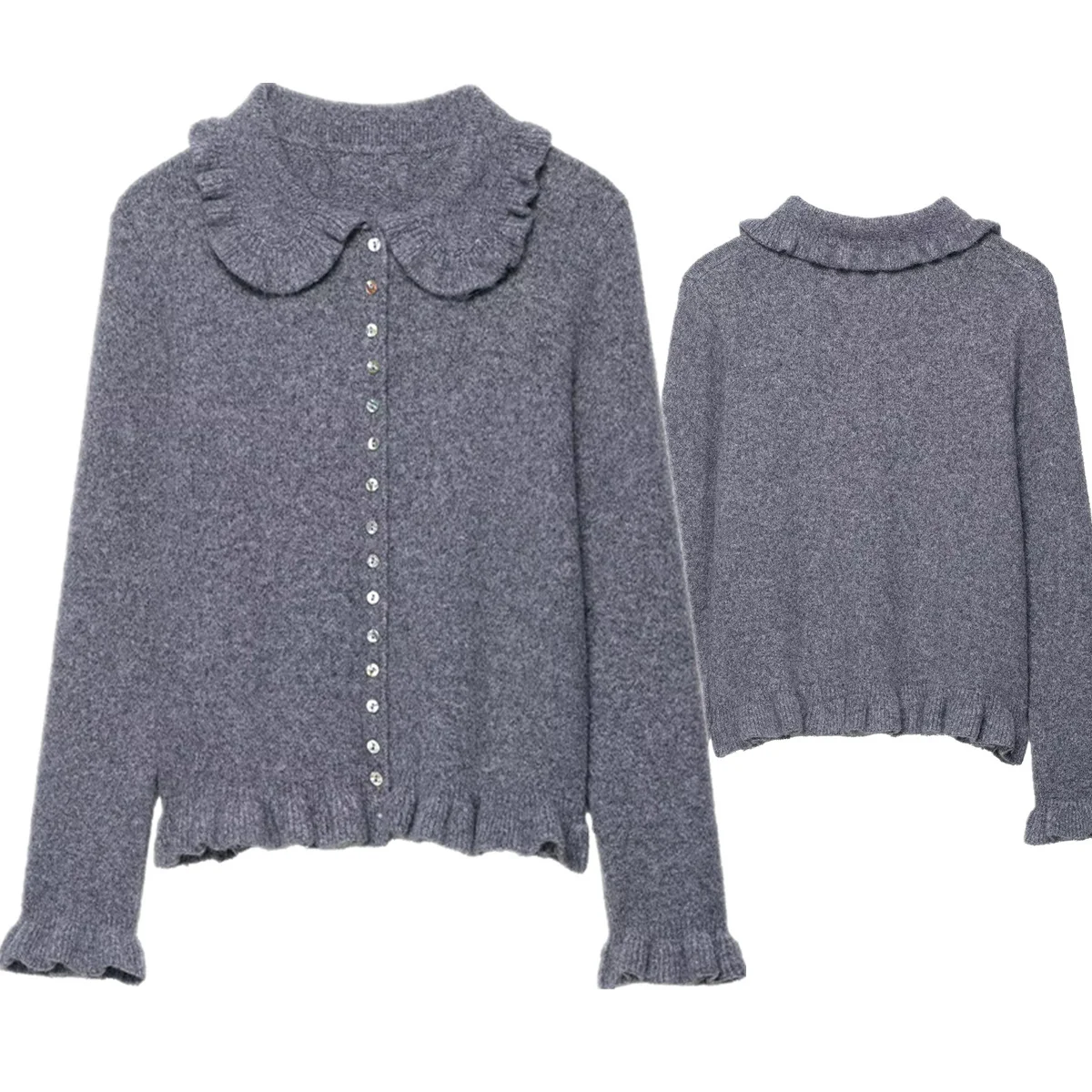 

Maxdutti Woman Clothes Tops Minimalist Gray Peter Pan Collar Single-breasted Knitted Cardigan Women's Sweater Knitwear Woman