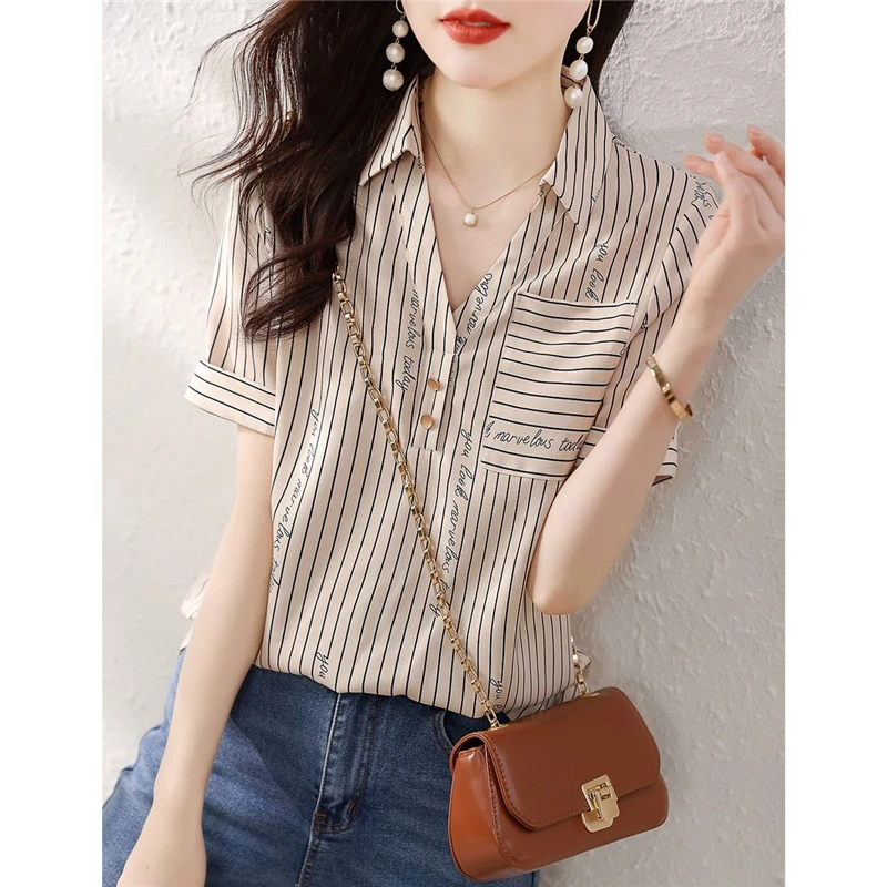 Women Clothes Summer Trendy Striped Print Pocket Elegant Blouses High Quality V Neck Short Sleeve Shirts Blusa Mujer Moda 2023