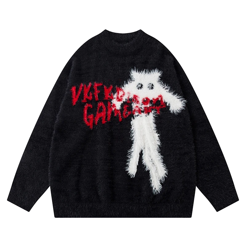 

Autumn Mens Knitted Jumper Sweaters Cute Fuzzy Cat Jacquard Pullovers Streetwear Harajuku Casual Loose Fit Knitwear Clothing