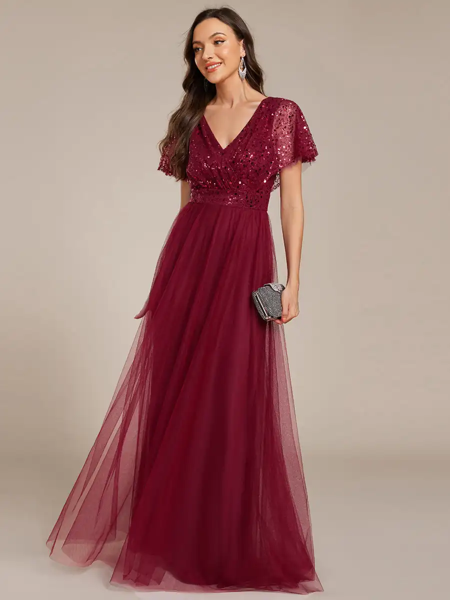 

Elegant Evening Dresses V Neck Ruffles Sleeve Empire Waist Tulle 2025 Ever Pretty of Sequin A-Line Burgundy Bridesmaid dress