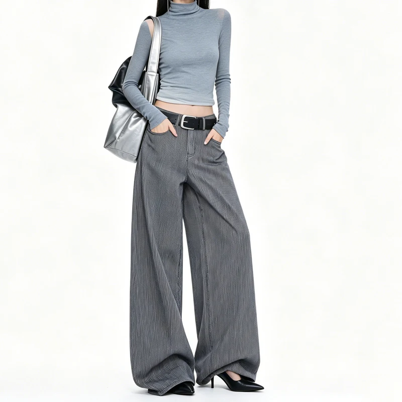 American Vertical Striped Wide Leg Floor Jeans Women High Waist Extra Long Draped Loose Hip Cover Vintage Denim Casual Pants