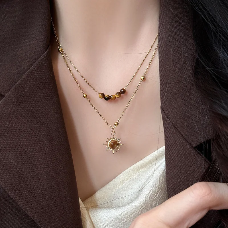 موضة طبقة مزدوجة عباد الشمس قلادة قلادة للنساء البني حجر عين النمر مطرز سترة فستان سلسلة المختنق مجوهرات فاخرة