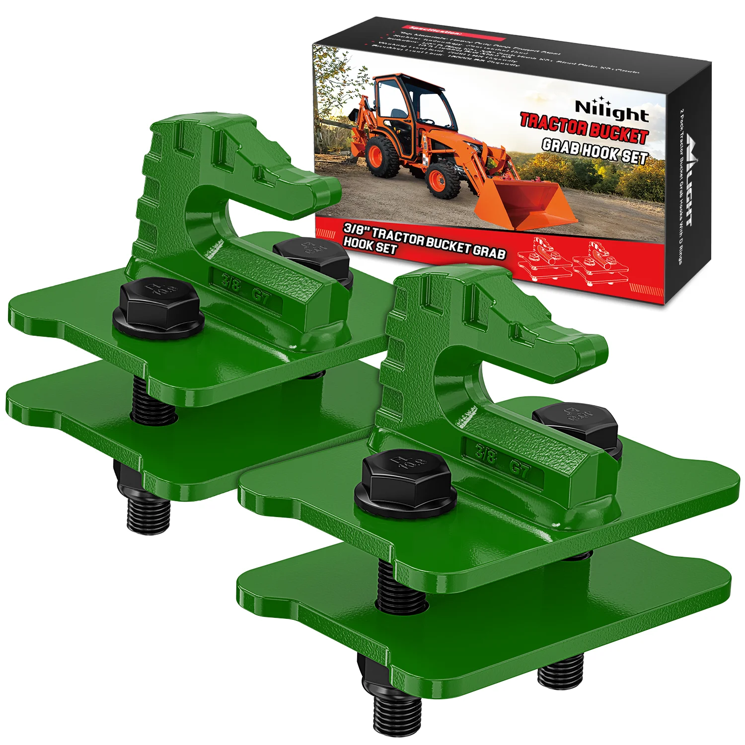 Nilight 2PCS Tractor Bucket Grab Hook 3/8'' Heavy Duty Drop Forged Steel Bolt On Zinc-Coated Cast Tow Max 15000 LBS Green