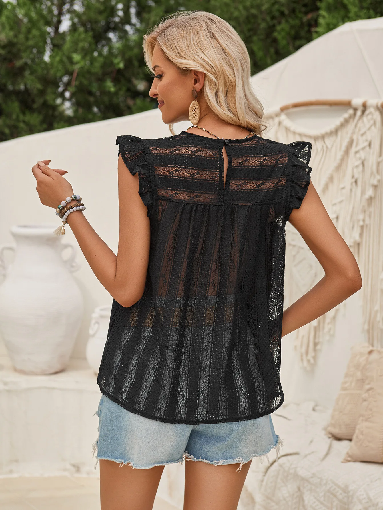 Summer 2024 Solid Lace Shirt Women Ruffled Transparent Loose Top Blouse No Stretch O-neck Flying Sleeve Black White Casual 46907