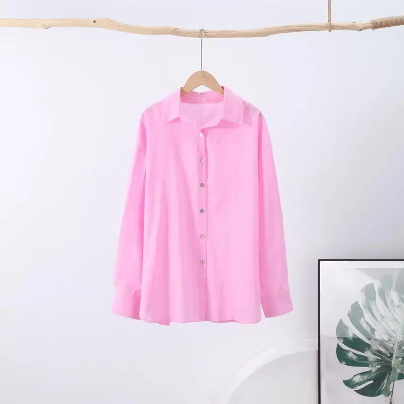Chemise ample en coton et lin pour femmes, chemisier élégant rose surdimensionné, haut à revers à manches longues, mode printemps été