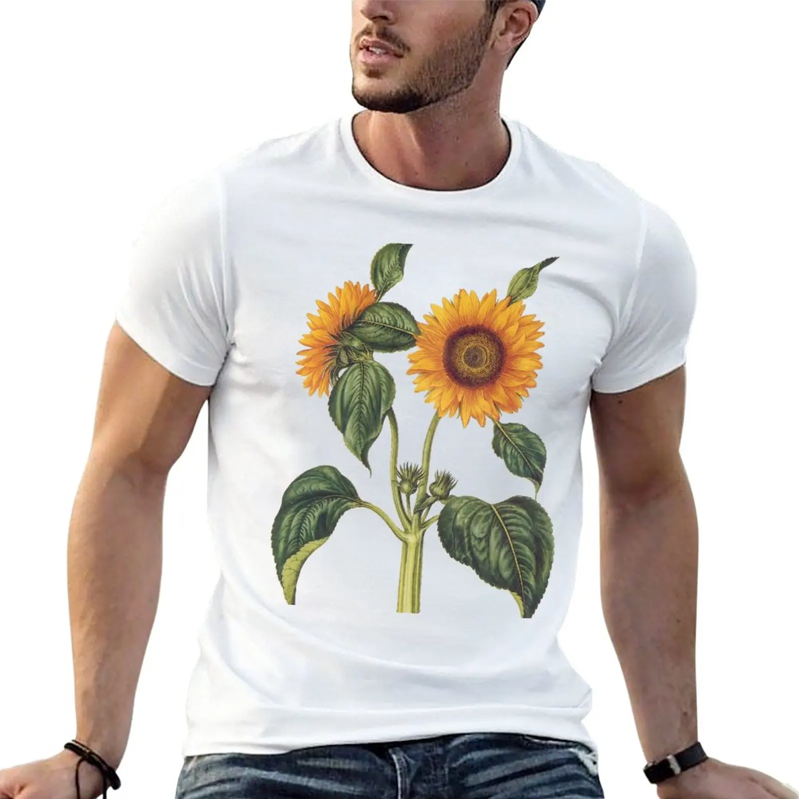 

Vintage sunflower illustration T-Shirt summer top boys whites tops quick drying clothes for men