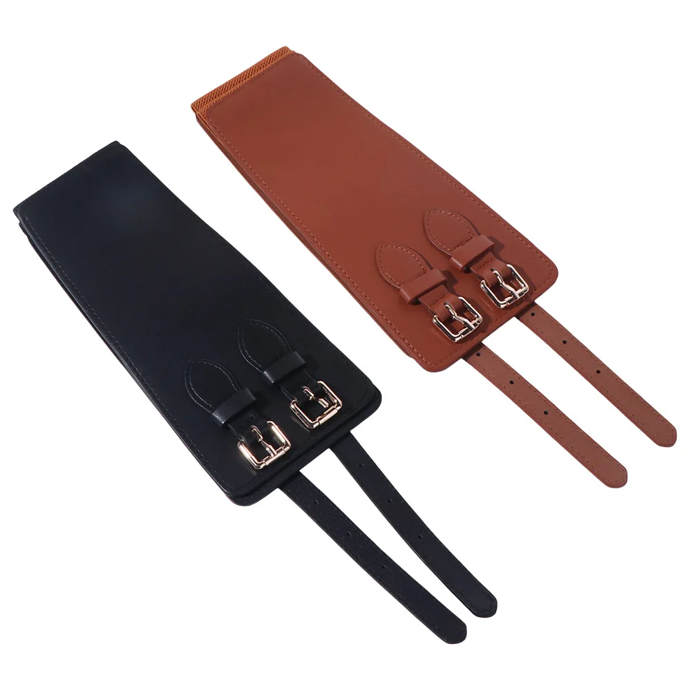 Korset Pinggang Elastis Kulit PU Fashionable, Dapat Disesuaikan, Warna Solid, Pelangsing, Lebar, untuk Wanita