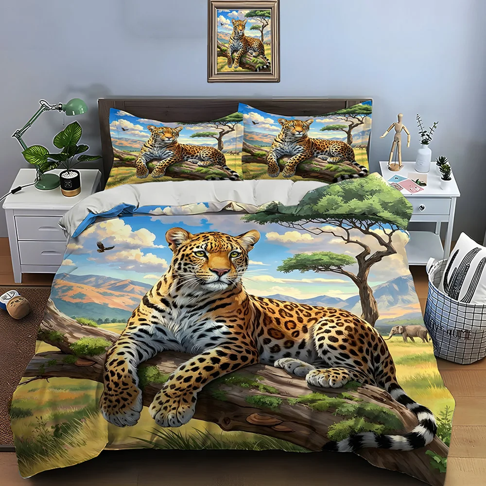 Rlaxed leopard resting on branch Bedding Set for Kids Luxury Gift 3pcs Digital Print Comforter Set Soft Comfortable Breathable